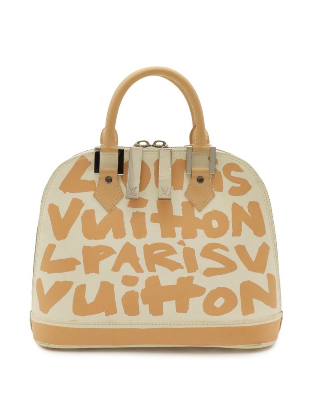 Louis Vuitton Graffiti Alma MM Handbag Leather Beige Ivory White Silver